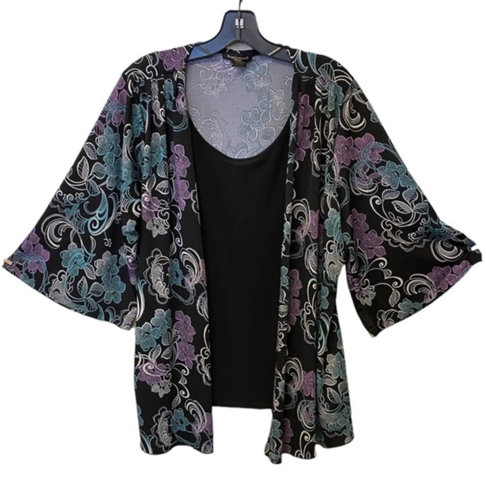 Susan‎ Lawrence Womens 3X Cardigan Cami Tank Black Floral Kimono Sleeve